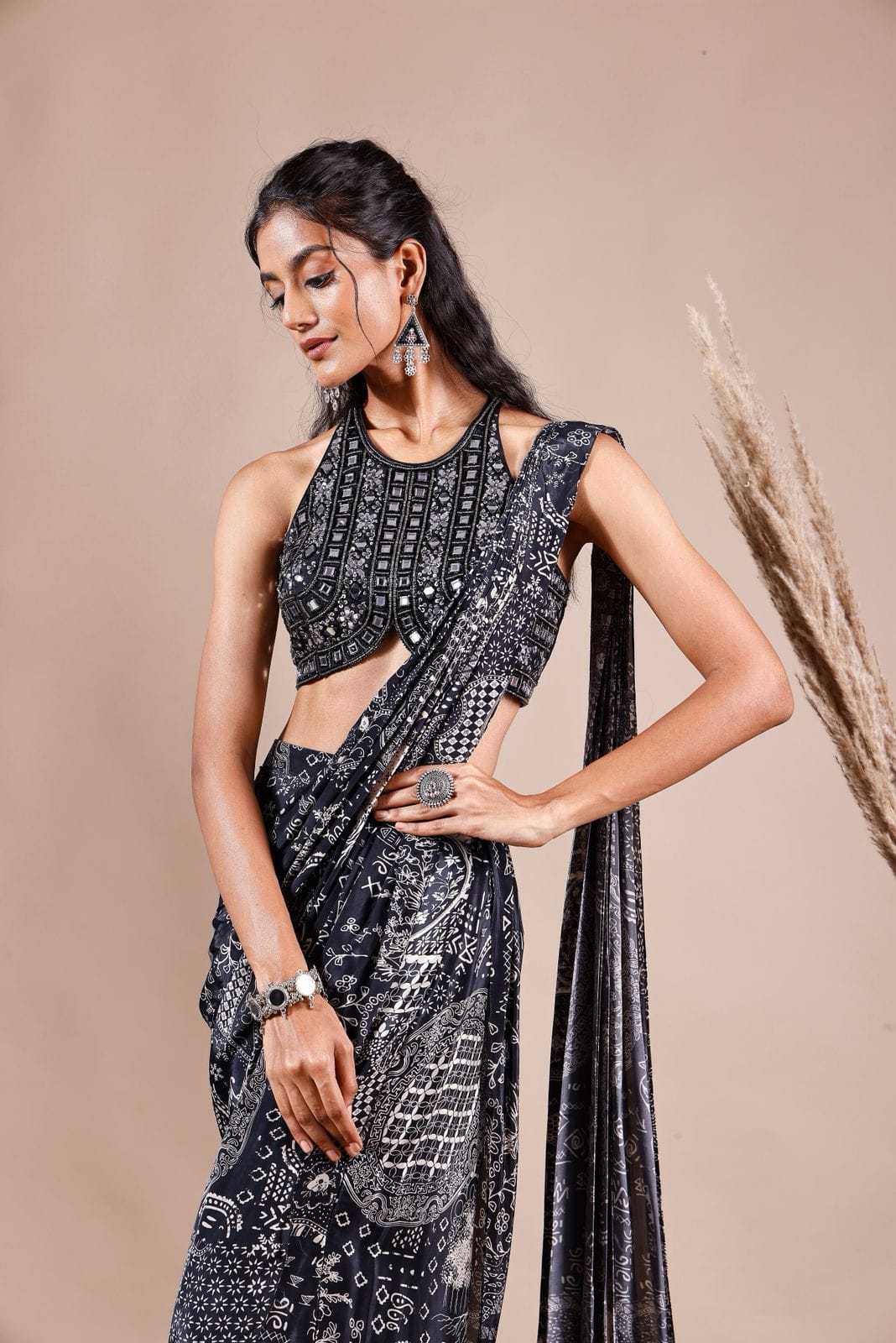 Morden Black Slit Saree with Mirror Blouse