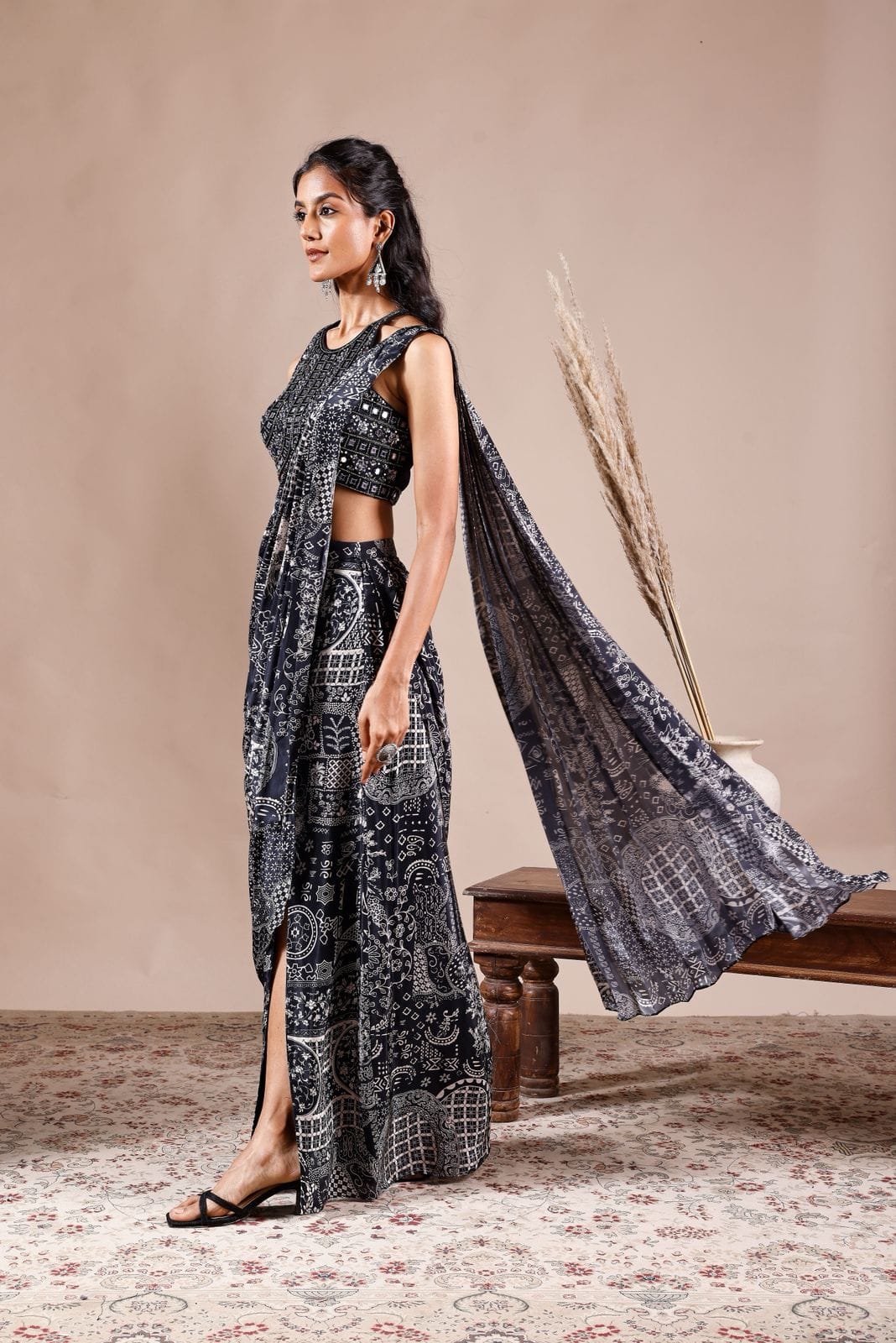Morden Black Slit Saree with Mirror Blouse