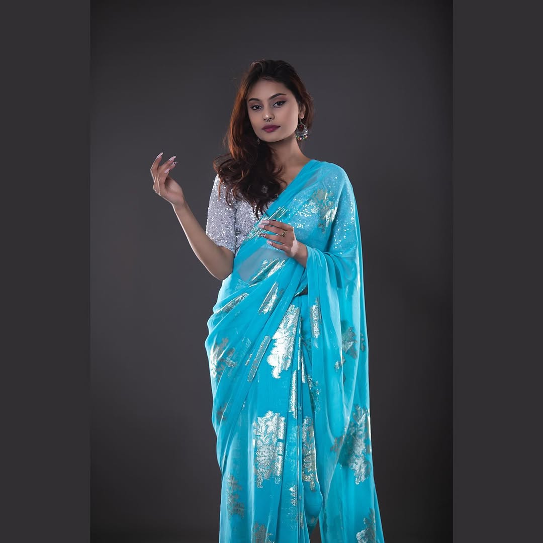 Blue Silver Foil Saree