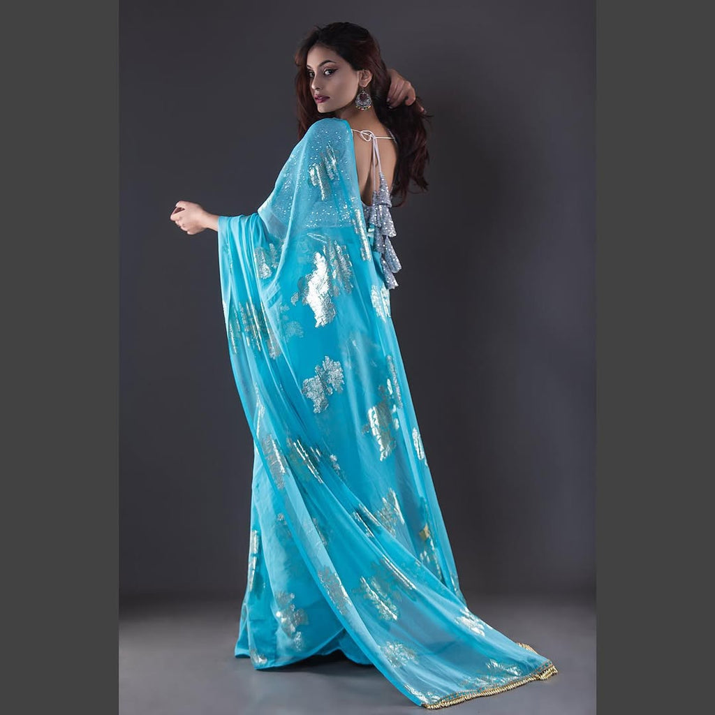 Blue Silver Foil Saree